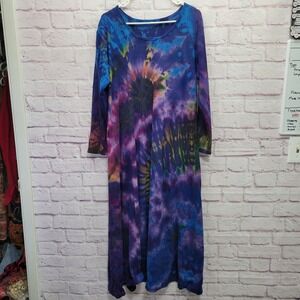 Tie Dye Maxi Dress XL/2X Pockets Heavy Jersey Knit Long Sleeve Boho Hippie
